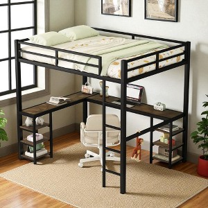 Mshliw Full Metal Loft Bed with Desk and Shelves, L-Shaped Loft Bed with Ladder & Guardrails, Space-Saving Study Bed Frame for Bedroom, Black - 1 of 4