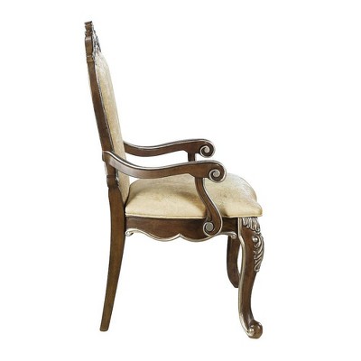 Latisha Antique Oak and Gray Upholstered Arm Chair with Silver Detailing
