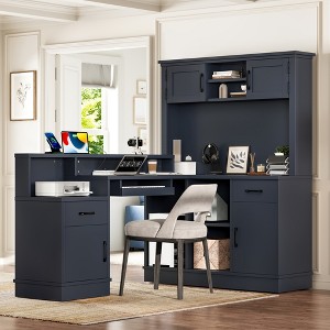ORRD L-Shaped Computer Desk with Outlet & Bookshelf, Modern Corner Desk with Drawers & Storage, Blue Gaming Desk - 1 of 4