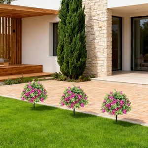 2Pcs 2FT Artificial Boxwood Topiary Ball Trees with Purple Bougainvillea Flowers, UV Resistant Fake Shrubs with Ground Spikes, Fake Plants for Garden - 1 of 4