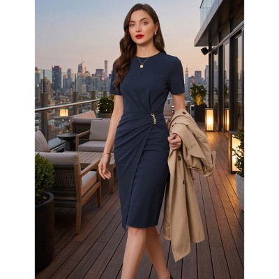 Женские платья INSPIRE CHIC Women's Short Sleeve Crew Neck Wrap Business Office Sheath Dress X-Small Royal Blue — фото 5