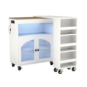 AEELLEEA Kitchen Island On Wheels with Extended Table MDF Rolling Kitchen Storage Cart 2 Fluted Glass Doors Side 3 Open Shelves White - 1 of 4