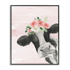 Stupell Industries Dairy Farm Cow Watercolor Portrait Pink Floral Crown Black Framed Giclee Art - 1 of 4