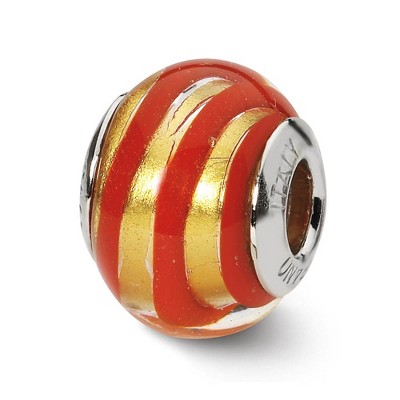 Black Bow Jewelry Golden Red Striped Murano Glass & Sterling Silver Bead Charm, 14mm