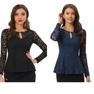 INSPIRE CHIC Women's Floral Lace Front Peplum Hem Keyhole Sheer Long Sleeve Blouse 2 Pieces - 1 of 4