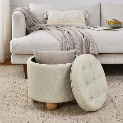 DOMETOUR Round Storage Ottoman, multi-functional round linen button Ottoman, lid can be turned over as a table top, with storage space-BEIGE