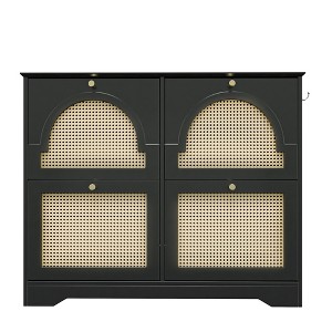 CLIHOME Mid-Century Narrow Design Tipping Bucket Shoe Cabinet with 4 Flip Drawers, Elegant Entryway Shoe Organizer with 4 Rattan Doors - 1 of 4