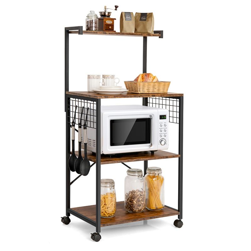 Costway 4-Tier Rolling Bakers Rack Industrial Utility Microwave Oven Stand Cart w/ Hooks, 1 of 11