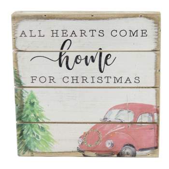 Christmas Hearts Come Home  For Christmas  -  One Plaque 5.75 Inches -  Holiday Family Vw Bug  -  Pet1651  -  Wood  -  Multicolored