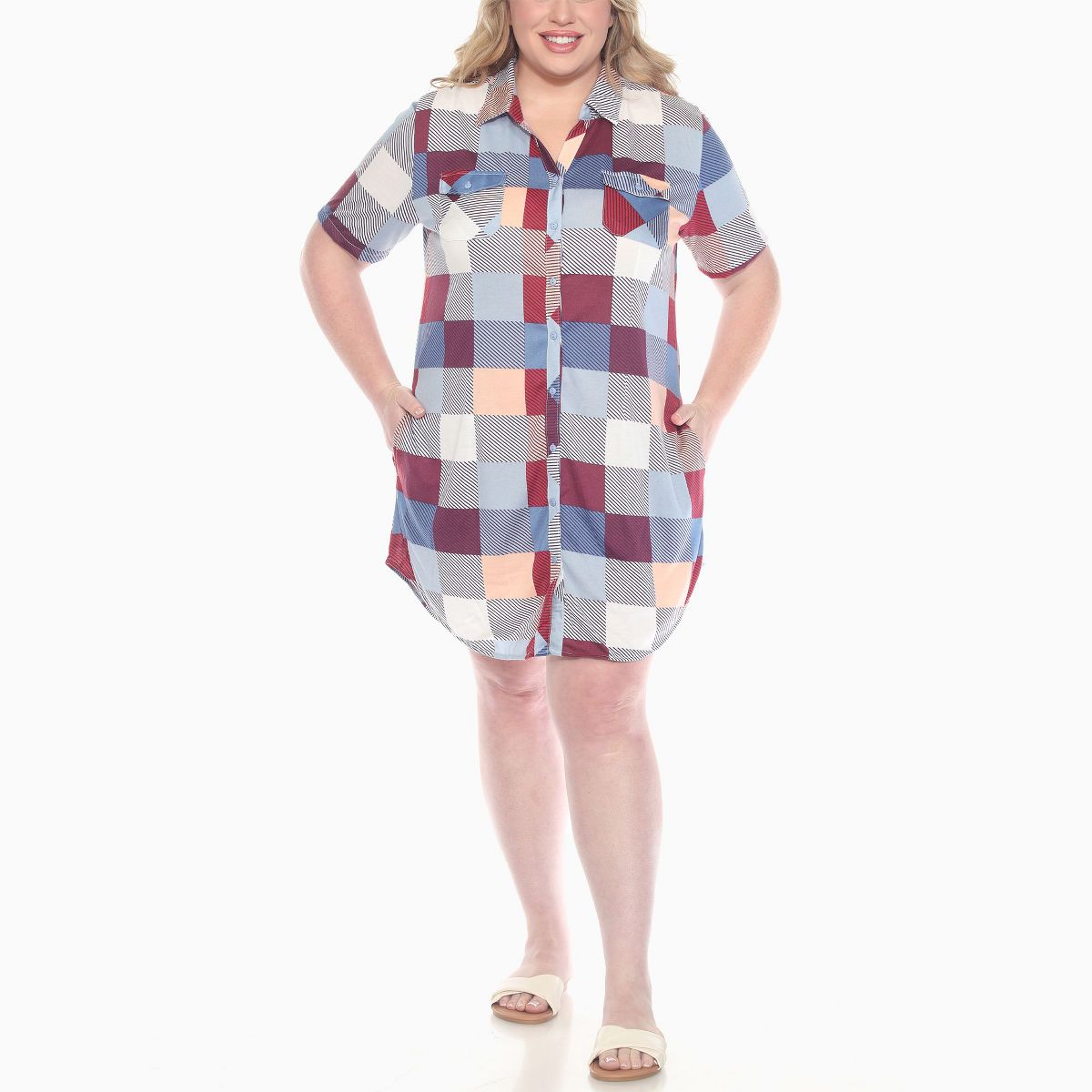 Plus Size Short Sleeve Plaid Button Down Shirt Dress -White Mark - thumbnail 6