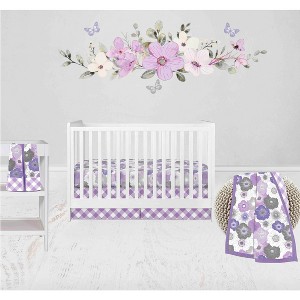 Bacati - Watercolor Floral Purple Gray 4 pc Baby Crib Bedding Set with Diaper Stacker for Girls 100% cotton fabrics - 1 of 4