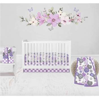 Bacati - Watercolor Floral Purple Gray 4 pc Baby Crib Bedding Set with Diaper Caddy for Girls 100% cotton fabrics