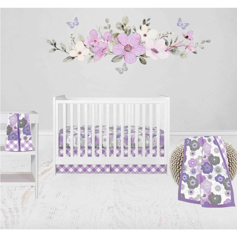 Bacati - Watercolor Floral Purple Gray 4 pc Baby Crib Bedding Set with Diaper Caddy for Girls 100% cotton fabrics, 1 of 10