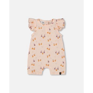 Deux par Deux Girl Printed Muslin One Piece Romper Peach with Pears - 1 of 3