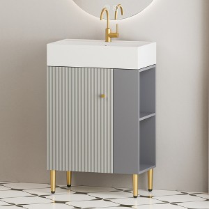 Whisen 21.6" Freestanding Bathroom Vanity with Ceramic Sink with Soft-Close Wave-Pattern Door and Open Left Side Storage - 1 of 4