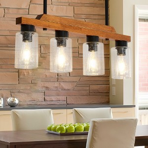 BAOURE 3-Light Farmhouse Wood Chandelier - 19.69" Rustic Rectangular Pendant Light - Black with Seed Glass Shades for Kitchen Islands & Dining - 1 of 4