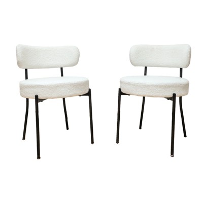 Vynxaria Set of 2 White Mid-Century Dining Chairs, Boucle Upholstered with Curved Backrest, Round Thickened Cushion, Black Metal Legs