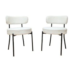 Vynxaria Set of 2 White Mid-Century Dining Chairs, Boucle Upholstered with Curved Backrest, Round Thickened Cushion, Black Metal Legs - 1 of 4