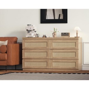 Rattan Dresser for Bedroom with 6 Drawers, 47" Modern Farmhouse Wide Chest of Drawers, Wood Storage Cabinet Organizer for Closet, Living Room, Hallway - 1 of 4