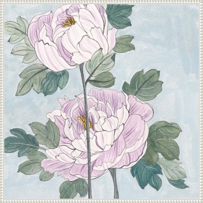 Striped Peonies IV White Floater Frame Canvas Wall Art