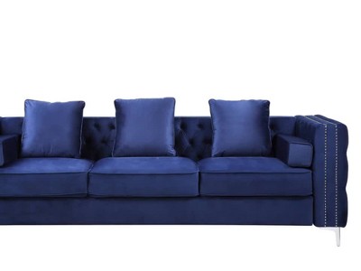 88'' Luxe Blue Velvet Tufted Sofa with Nailhead Trim & Ottoman