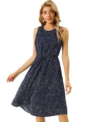 Allegra K Women's Floral Split Neck Drawstring Waist Sleeveless A-Line Summer Midi Dress