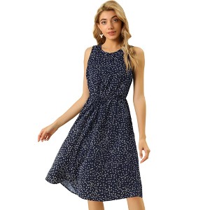 Allegra K Women's Floral Split Neck Drawstring Waist Sleeveless A-Line Summer Midi Dress - 1 of 4