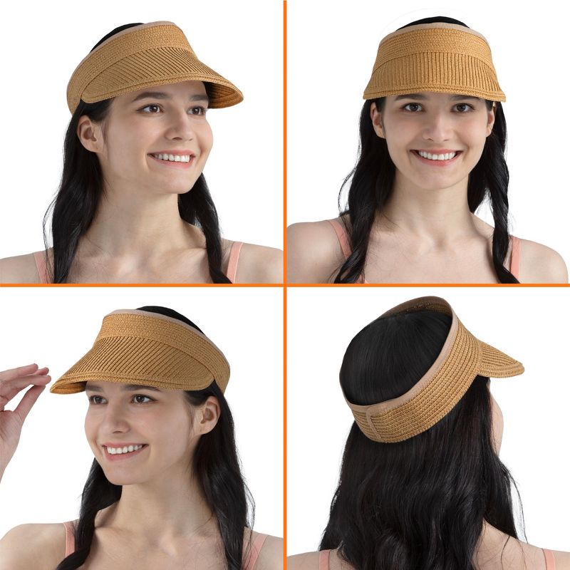 SUN CUBE Womens Straw Visor Hat, Wide Brim Straw Sun Hat Visor, Beach Cap Foldable Roll Up Travel Ponytail Golf Hat, 3 of 8