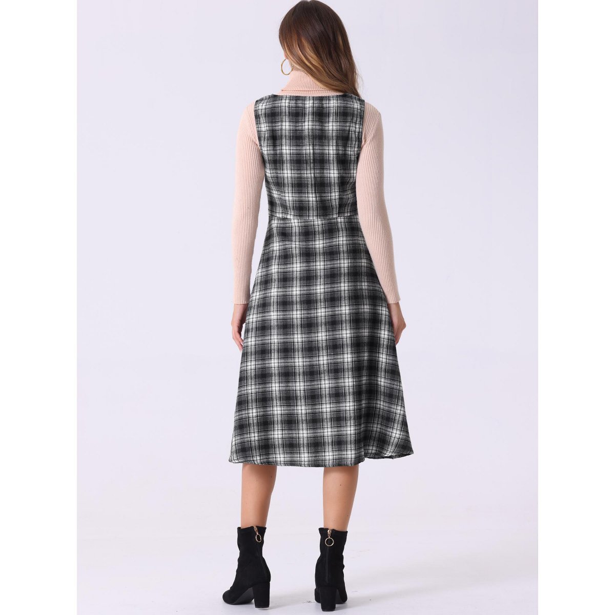 Женские платья INSPIRE CHIC Women's Plaid Vintage Sleeveless High Waist Midi Pinafore A-Line Dress with Pocket Black Large — фото 4