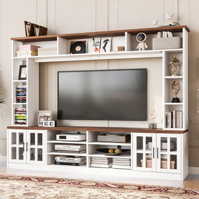 95.5" Wall Unit Entertainment Center with Bookshelves and Cabinets,Modern TV Stand for 80" TV with Glass Doors and Adjustable Shelves-Baofuwish