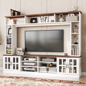 95.5" Wall Unit Entertainment Center with Bookshelves and Cabinets,Modern TV Stand for 80" TV with Glass Doors and Adjustable Shelves-Baofuwish - 1 of 4