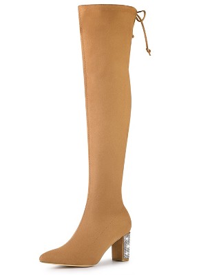 Allegra K Women's Chunky Heels Rhinestone Over the Knee High Boots