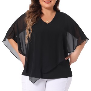 Agnes Orinda Women's Plus Size V Neck Short Sleeve Flowy Double Layered Irregular Chiffon Blouses - 1 of 4