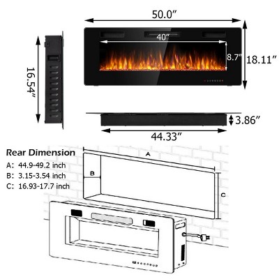50" Black Wall Mounted Electric Fireplace with Remote Control