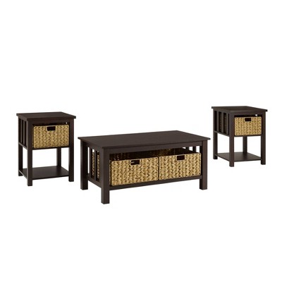 3pc Mission Coffee and Side Table Set with Woven Baskets Espresso - Saracina Home