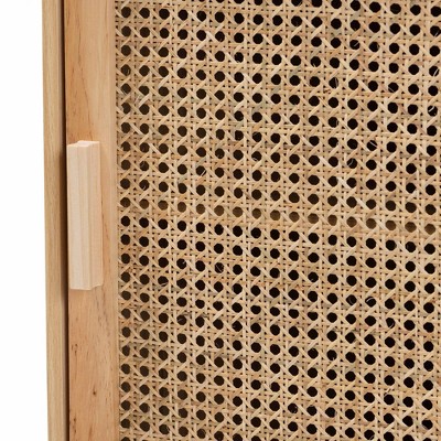 Mid-Century Modern Natural Brown Pine & MDF End Table with Rattan Door