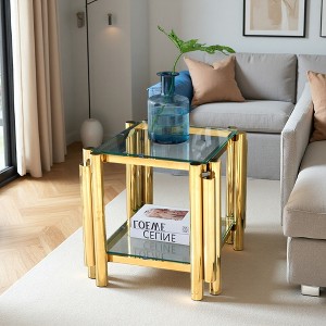 20" Square Steel End Coffee Table with Double Glass Layers - 1 of 4