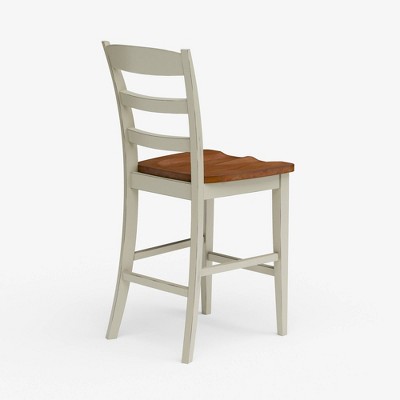 Antique White and Oak Wood Counter Stool with Slatted Back