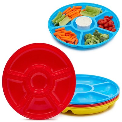 Okuna Outpost 6 Pack Plastic Round Serving Platter, Divided Appetizer Food Tray Container with 5 Compartments, 12.75 in.