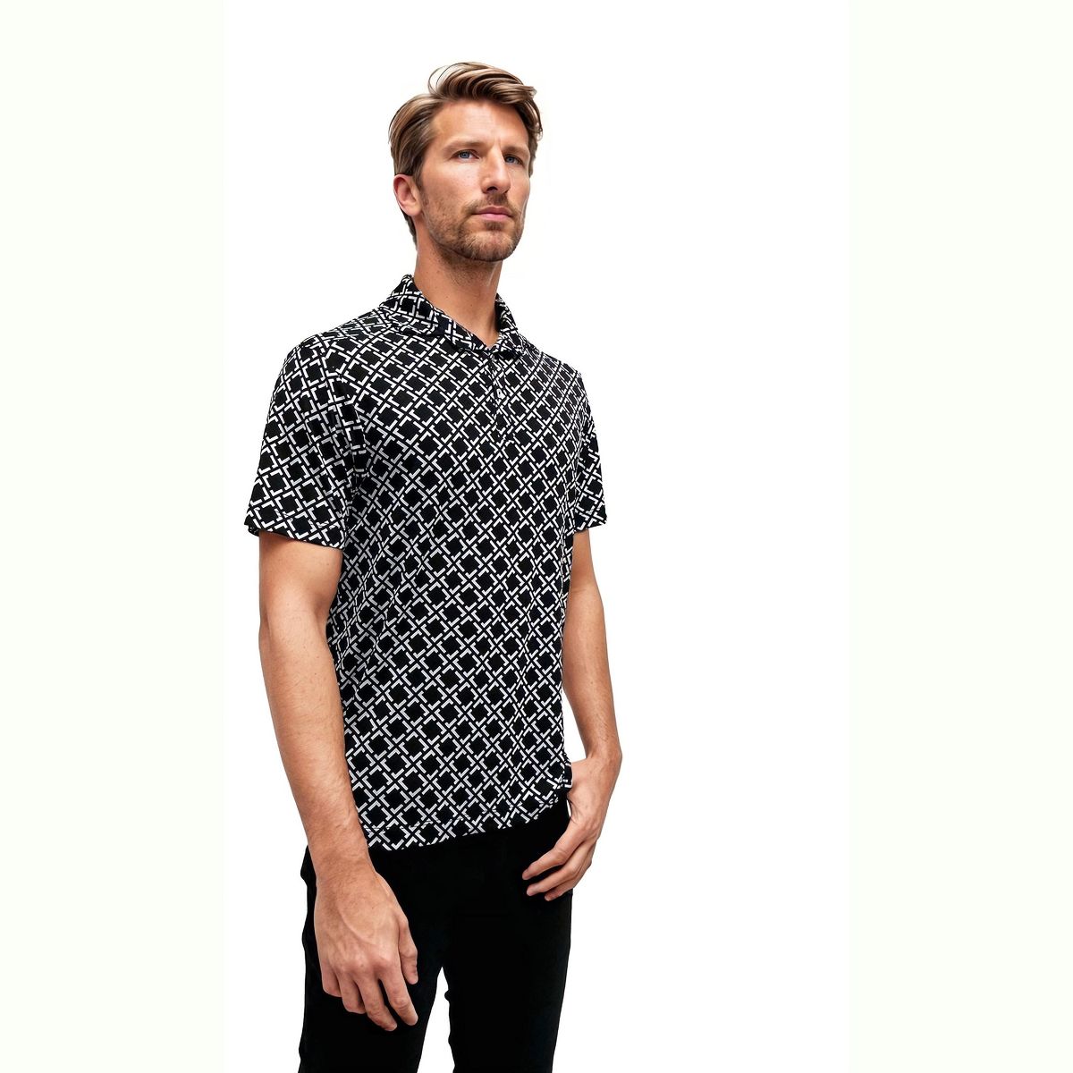 24seven men Wrinkle Resistant 3 Button Machine Washable Geometric Black Polo Shirt - thumbnail 2