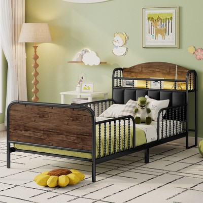 EMPIRE DIGLABS Twin Size Metal Platform Bed Frame with Storage & Upholstered Headboard, Black
