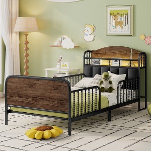 EMPIRE DIGLABS Twin Size Metal Platform Bed Frame with Storage & Upholstered Headboard, Black - 1 of 4