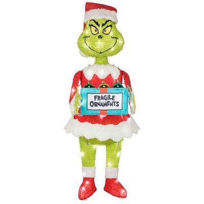 Gemmy 3D Holiday Lighted Tinsel Sculpture Grinch w/Ornament Box 30" Dr. Seuss, Multicolored