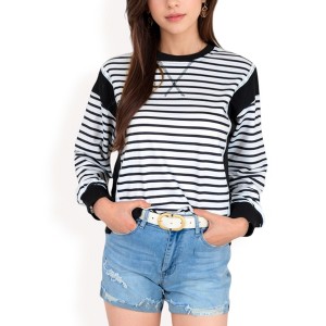 Anna-Kaci Women's Striped Crew Neck Sweatshirt with Contrast Sleeves - 1 of 4