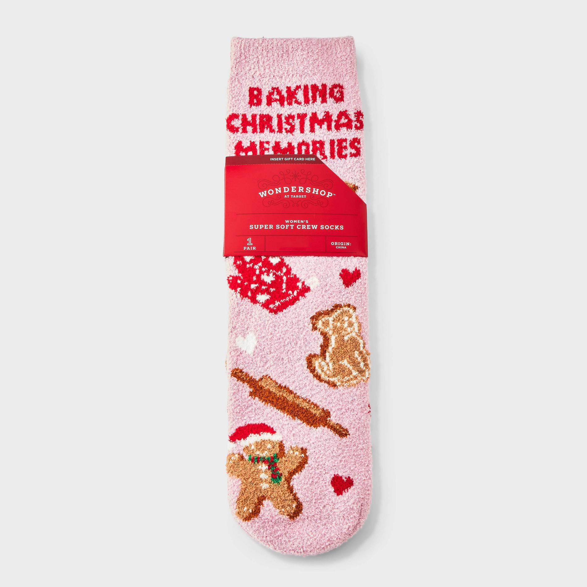 Women's 'Baking Christmas Memories' Cozy Crew Socks with Gift Card Holder - Wondershop™ Pink/Tan 4-10