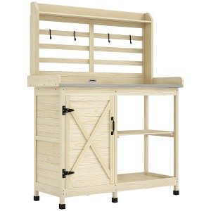Outsunny Wooden Potting Bench, Outdoor Potting Table with Storage Cabinet, Storage Shelves, Aluminum Tabletop for Backyard, Patio, Balcony - 1 of 4