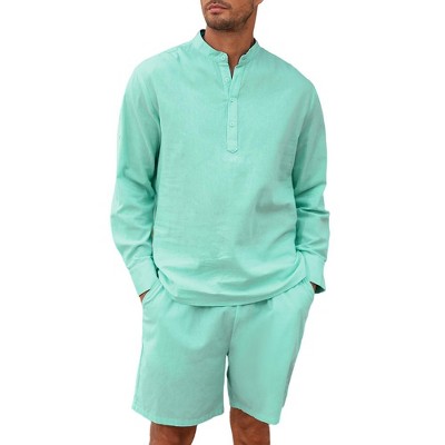 Men's 2 Pieces Cotton Linen Set Casual Long Sleeve Henley Shirts and Shorts Summer Matching Outfits