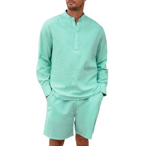 Men's 2 Pieces Cotton Linen Set Casual Long Sleeve Henley Shirts and Shorts Summer Matching Outfits - 1 of 4