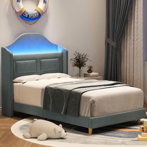 Whizmax Upholstered Twin Bed Frame with Led Lights, Velvet Platform Bed Frame with Wing Back Storage Headboard,Wood Slats Support,No Box Spring Needed - 1 of 4