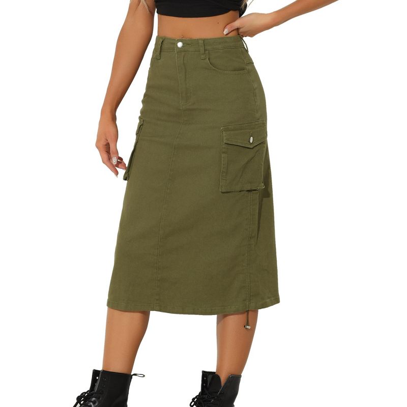 Allegra K Women's Midi Flap Pocket Back Slit Drawstring Cargo Skirt, 1 of 6